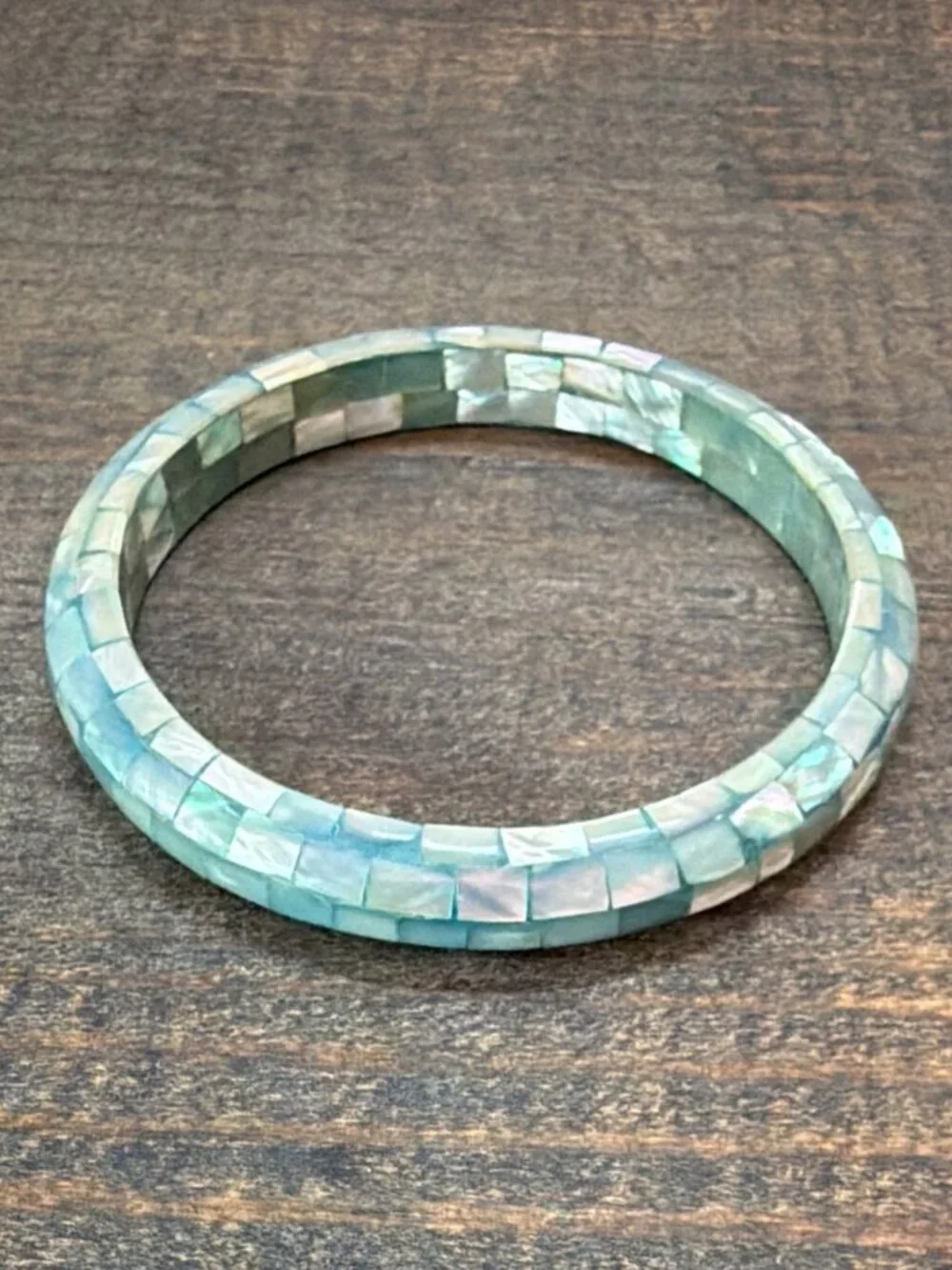 Turquoise Blue Shell Inlay Mosaic Dome Bangle Bracelet Coastal Boho Lightweight